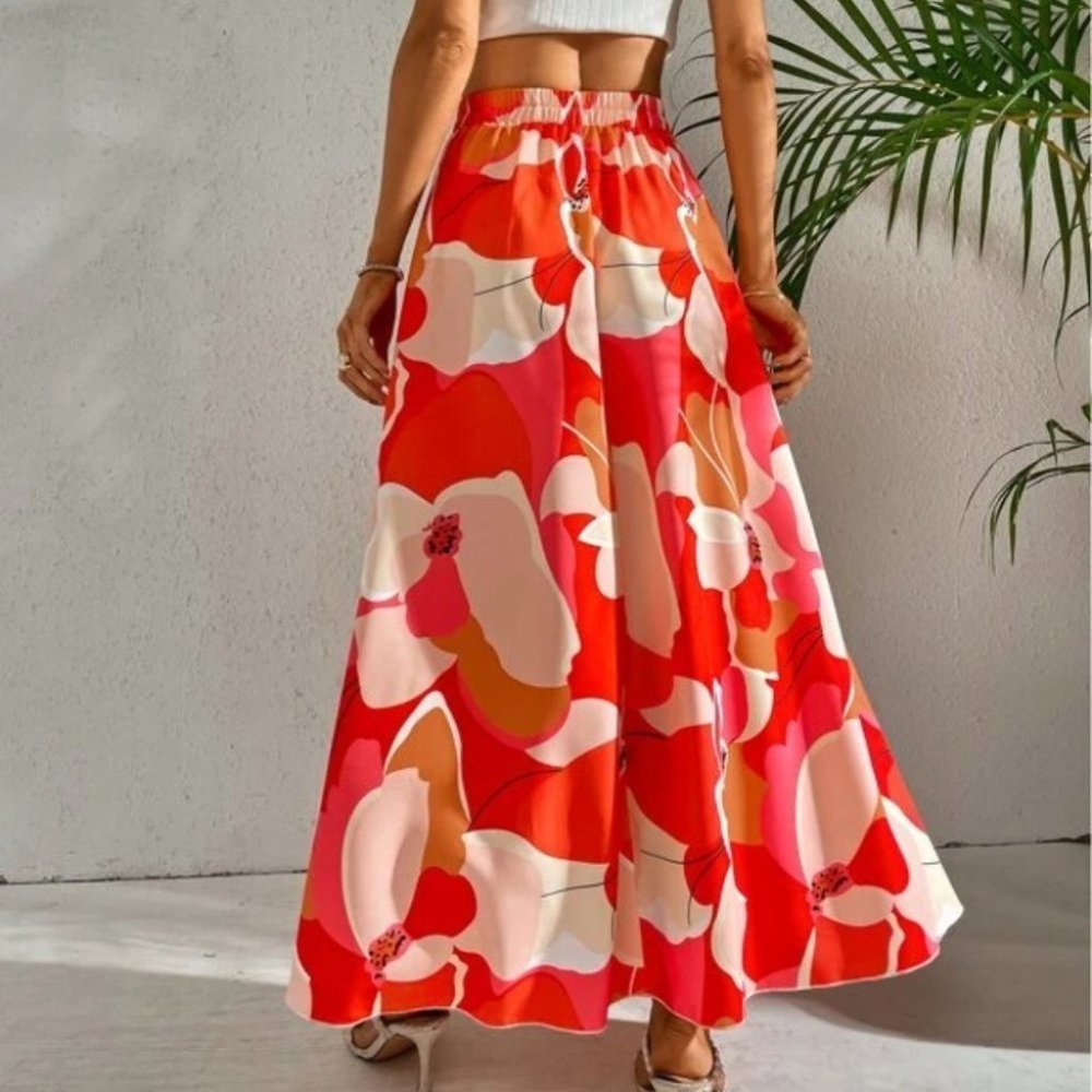 Boho Floral Tropical Maxi Skirt Vacation RED - Picture 4 of 9